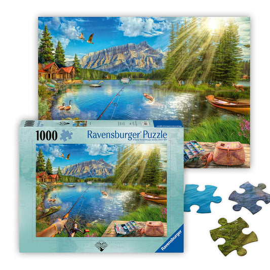 Ravensburger Life at The Lake: lakeside cabins scene for relaxing, mindful puzzle sessions.
