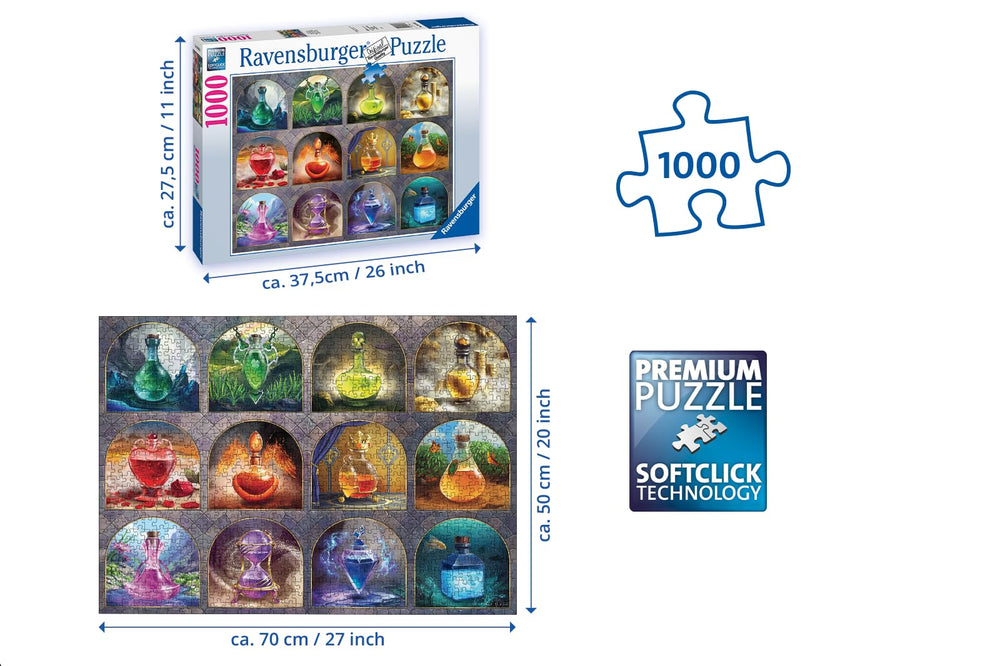 Ravensburger Magical Potions ornate vials invite careful, detail-focused puzzling sessions.
