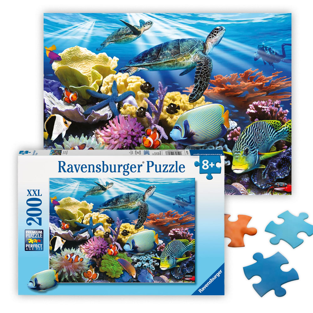 Ravensburger Ocean Turtles 200-piece puzzle: vibrant underwater scene for ages 8+.