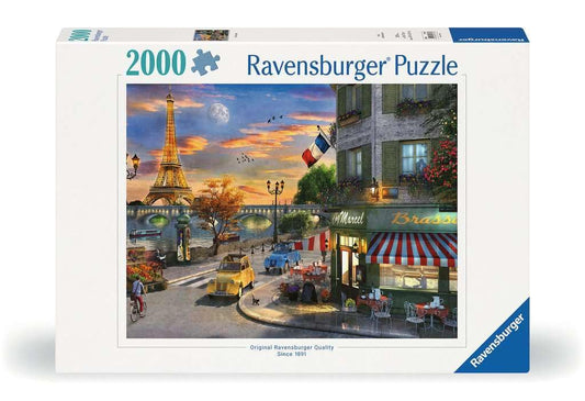 Ravensburger Paris Sunset Eiffel Tower at dusk invites relaxing puzzle time.