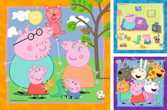 Ravensburger Peppa Puzzle 3x49 pieces spread showing three complete scenes for focused play