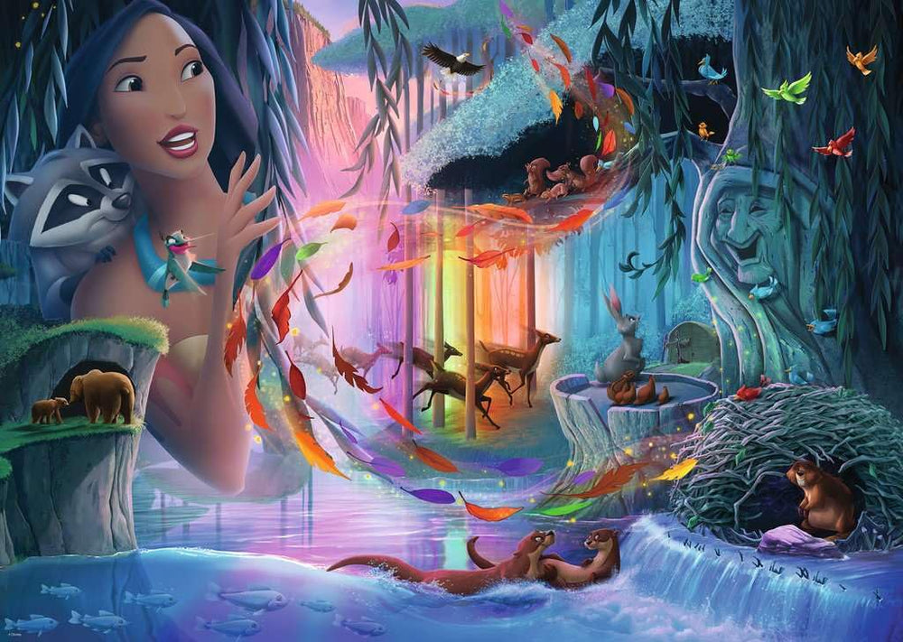 Ravensburger Pocahontas forest scene with Meeko and Flit, ideal for nature-inspired family puzzles.