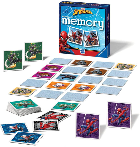 Ravensburger Spider-Man mini memory cards spread for a quick matching challenge.