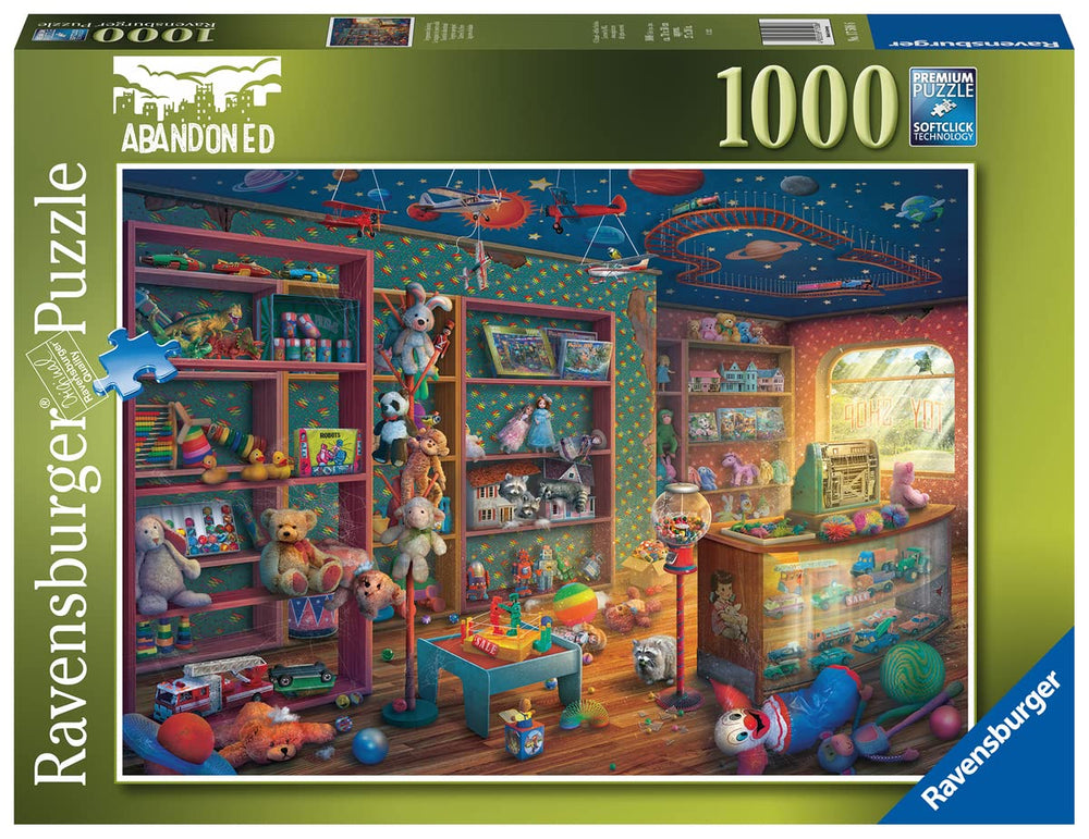 Ravensburger Tattered Toy Store puzzle colorful shelves, vibrant imagery for focused puzzling sessions.