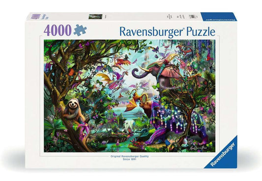 Ravensburger Tropical Dragons 4000-piece puzzle cover showing vibrant dragons and lush jungle detail for immersive play