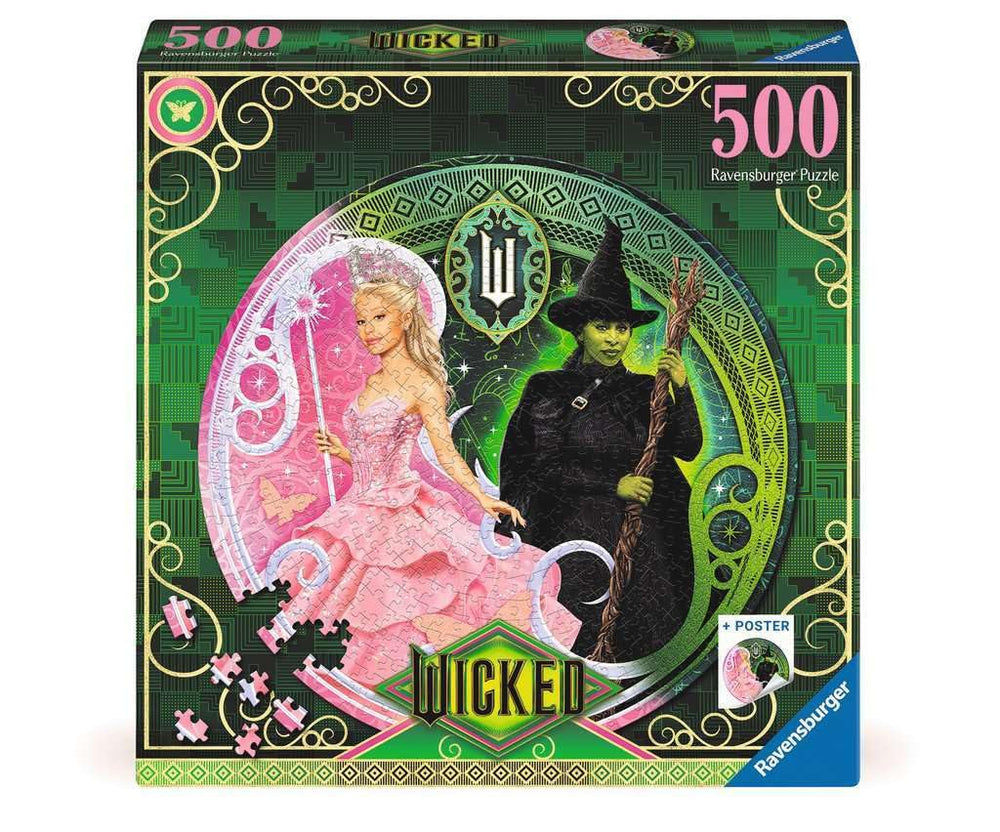 Ravensburger Wicked Act 1 round puzzle featuring Glinda and Elphaba for relaxing, mindful puzzle time.