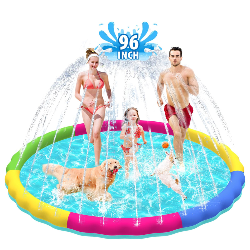 Raxurt Splash Pad 97-inch wide view shows expansive play area for kids and pets.