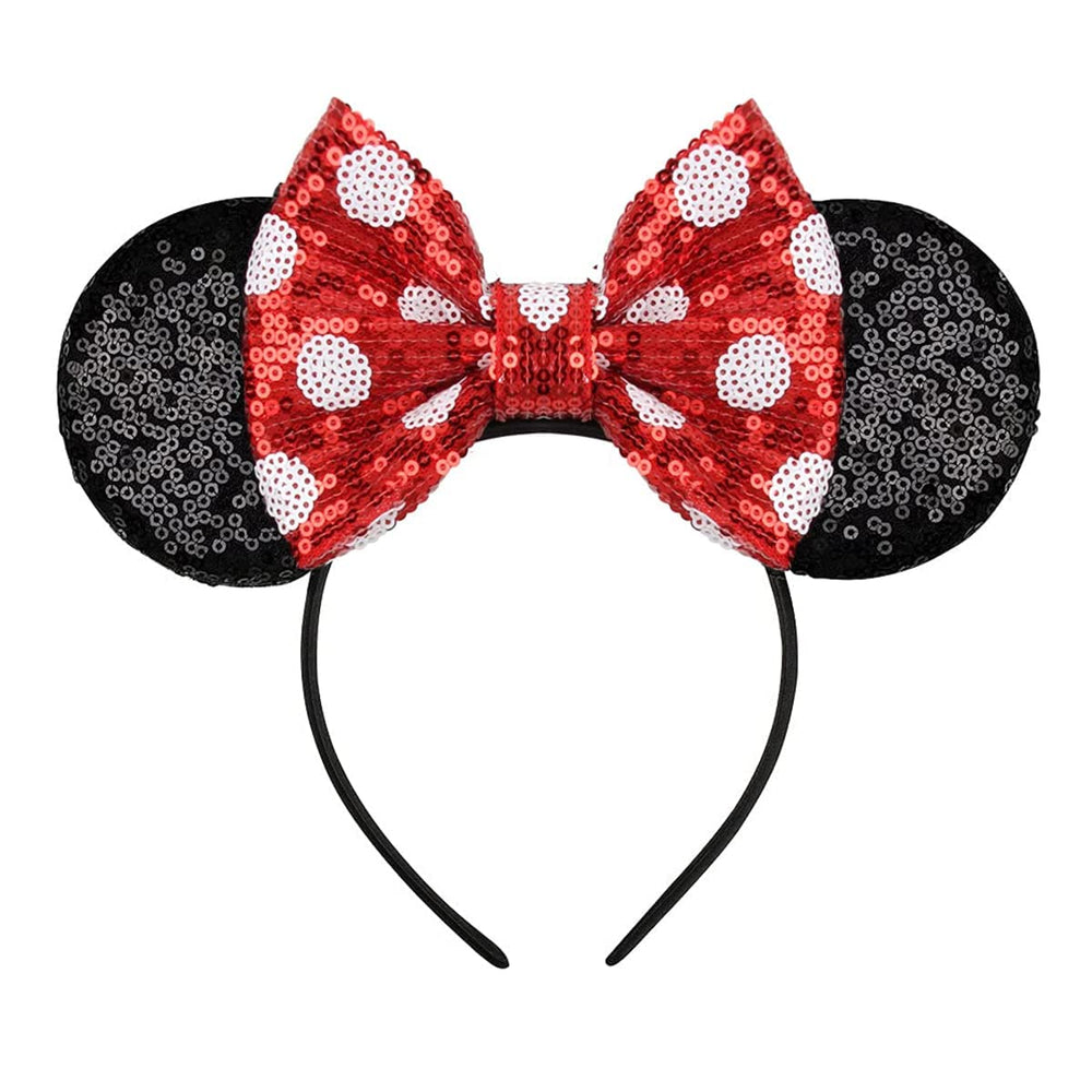 RAZKO sequin mouse ears headband with red polka dots, a playful party accessory
