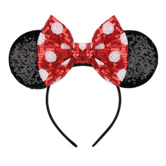 RAZKO sequin mouse ears headband with red polka dots, a playful party accessory