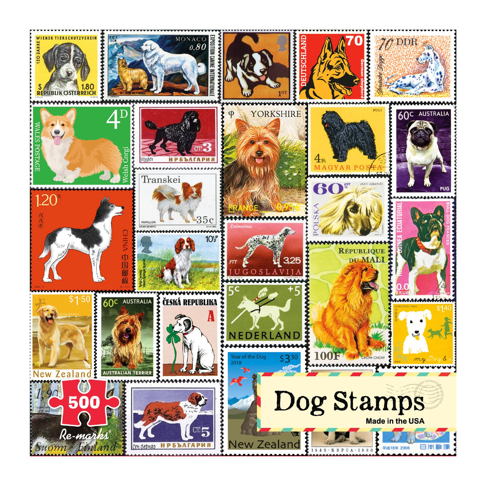 Re-marks dog postage-stamp collage puzzle cover vibrant stamps for family fun