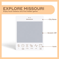 Missouri Adventure scratch-off detail highlights locations, time, cost, seasons, and skill level for planning.