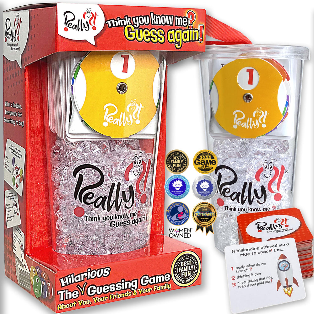 Really?! conversation card game packaging showing components for family nights