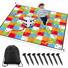 Realspring giant snakes and ladders mat set up for quick indoor or outdoor play.