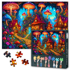 Rebotipy fantasy mushroom forest cabin puzzle setup for cozy family game night.