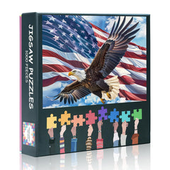Rebotipy bald eagle puzzle with US flag against a blue sky for family time.