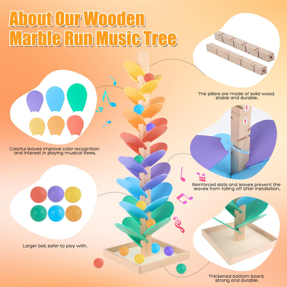 RECEKA marble run for kids with colorful leaves promotes color sorting during play.