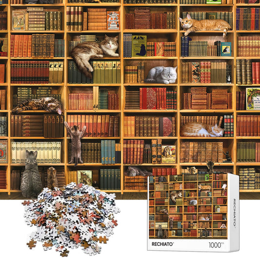 RECHIATO Cats Library Jigsaw Puzzle kitten on shelf for cozy puzzling