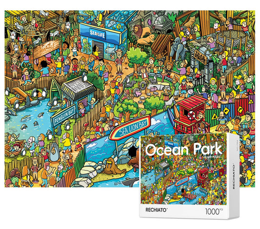 RECHIATO Ocean Park puzzle box art showcases bright scenery for engaging family activity.
