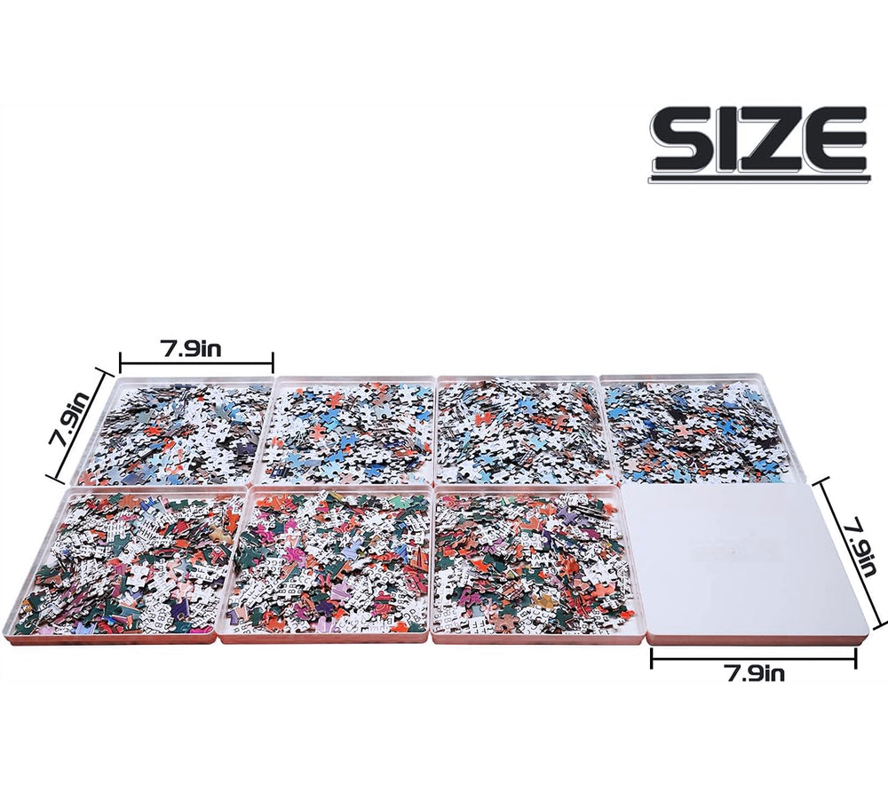 RECHIATO puzzle piece sorters for 1000-piece projects shown with color-coded groups.