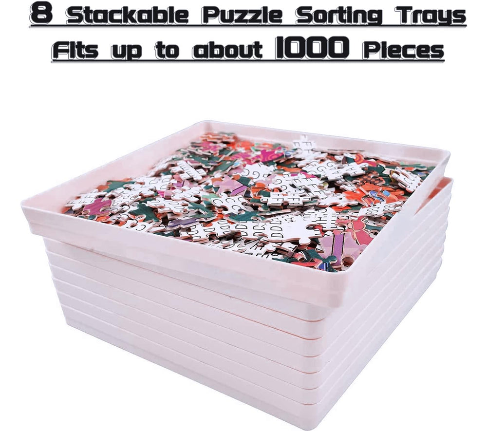 RECHIATO puzzle trays stackable 8-pack demonstrating space-saving design.