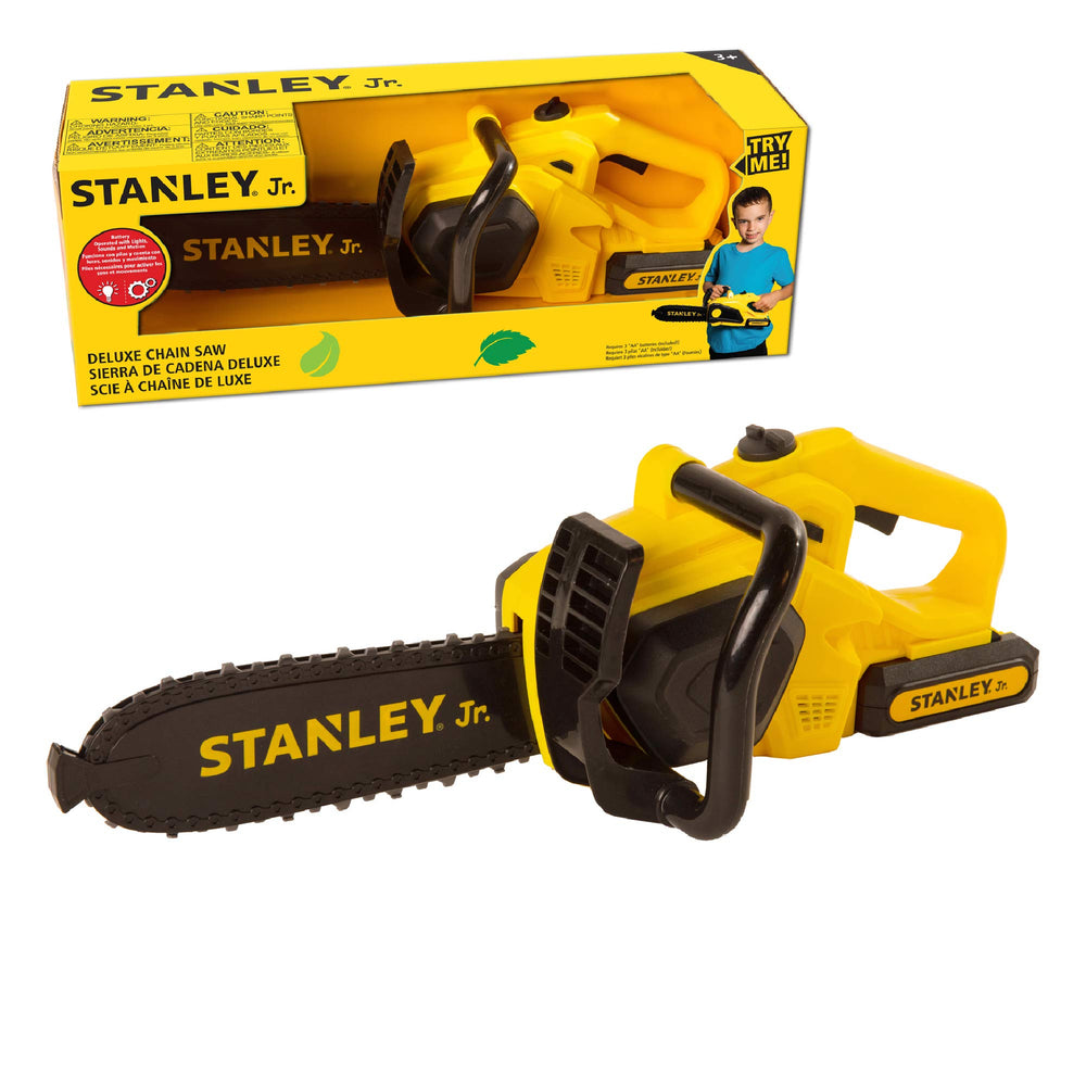 Red Toolbox Stanley Jr battery-operated deluxe chainsaw yellow with realistic action for imaginative play.