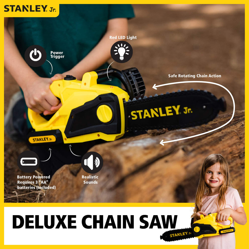 Red Toolbox Stanley Jr chainsaw yellow detailed handle for comfortable grip during role-play.