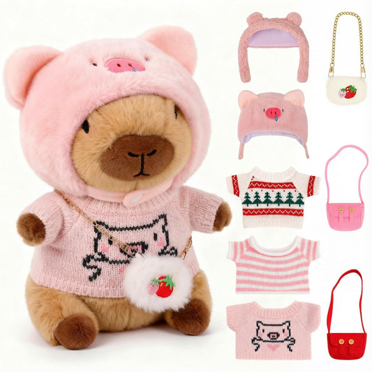 redaica capybara plush full set displaying all nine dress-up pieces for creative play