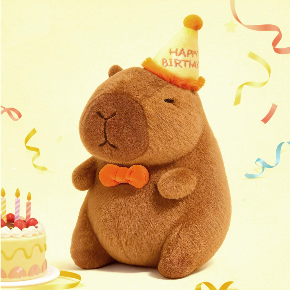 Redaica Happy Birthday Capybara Plush wearing a festive hat for party decor