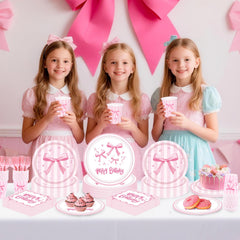 REDWORD pink bow visual theme enhances a coordinated party display.