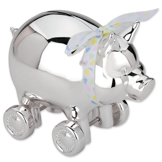 Reed & Barton piggy bank with wheels in silverplate for playful savings.