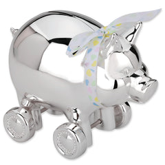 Reed & Barton piggy bank with wheels in silverplate for playful savings.