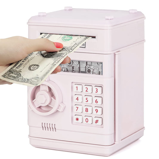 Refasy electronic piggy bank front view showing sturdy ABS construction for kids' savings.