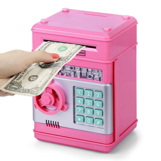 Refasy electronic piggy bank pink front view with secure password protection.