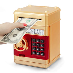 Refasy money bank for kids gold front view shows secure, kid-friendly design.