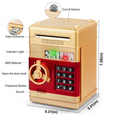 Refasy money bank for kids gold open door demonstrates password protection feature.