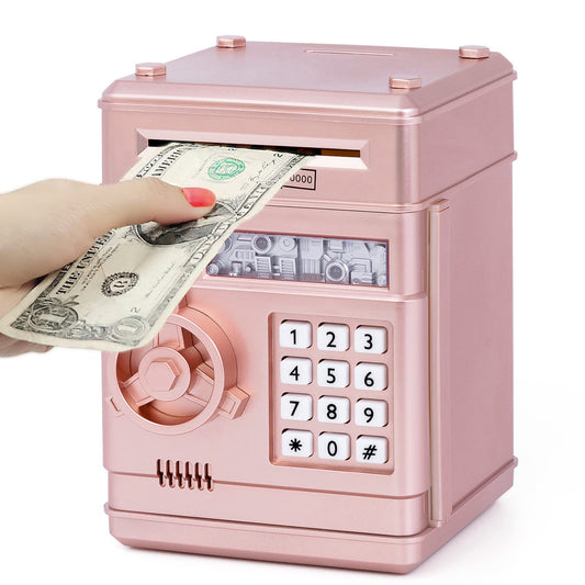 Refasy piggy bank toy with rose gold body highlights safe ABS construction for kids.