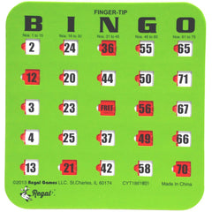 Regal Games bingo card with sliding windows closed for travel-ready play.