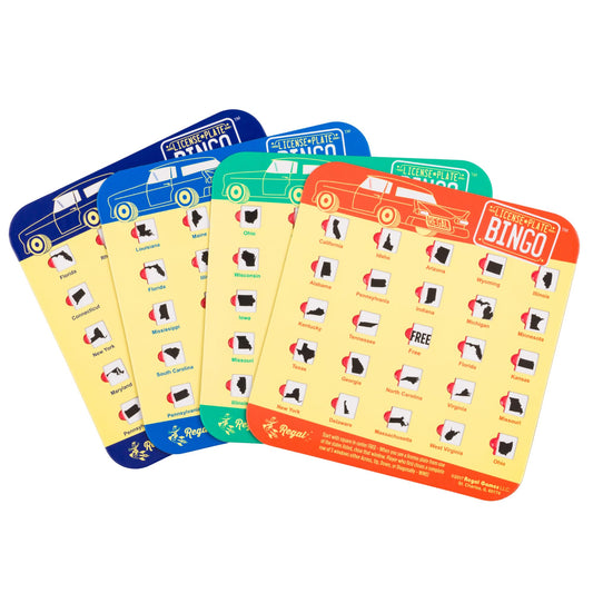 Regal Games Finger-Tip Shutter Bingo Card shows license plates for quick, engaging family play.