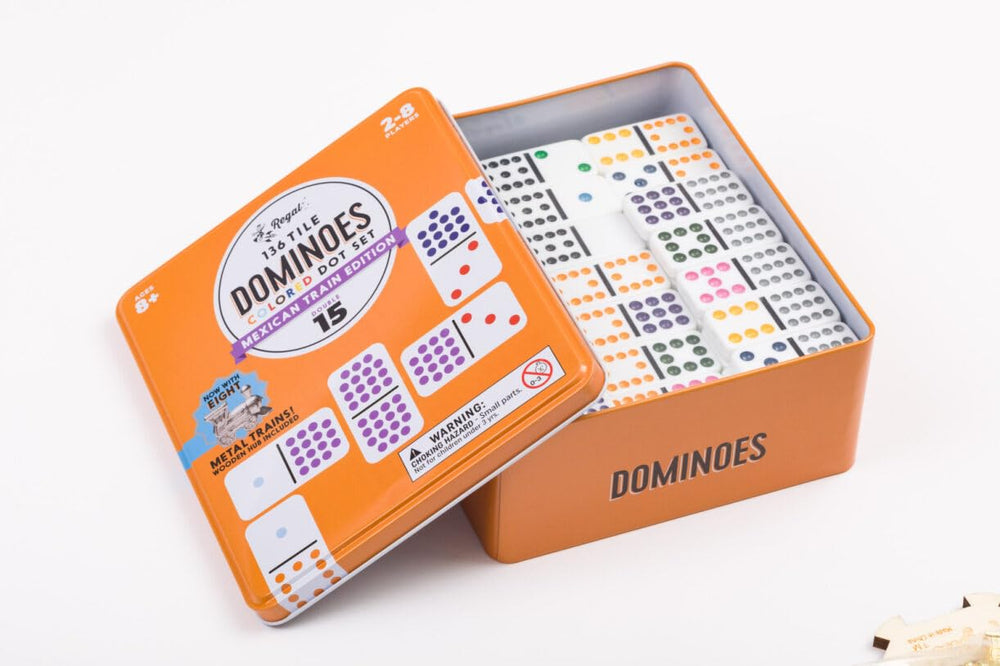 Regal Games portable metal case keeps dominoes organized for travel