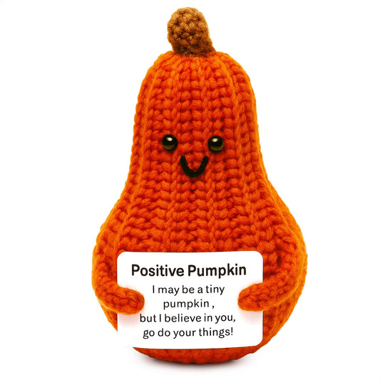 Reluen Soft Pumpkin Crochet Plush face detail, cozy desk decor idea and gift-ready.