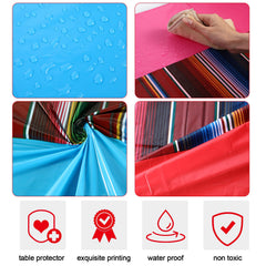 Remagr rainbow stripes design on plastic tablecloth adds festive ambiance.