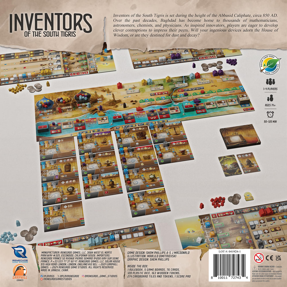 Renegade Game Studios Inventors of the South Tigris device cards on the House of Wisdom table.