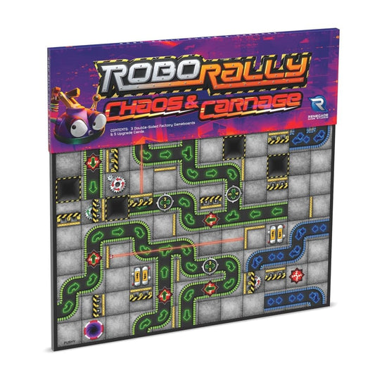 Renegade Robo Rally Chaos Carnage boards show three double-sided layouts for varied battles.