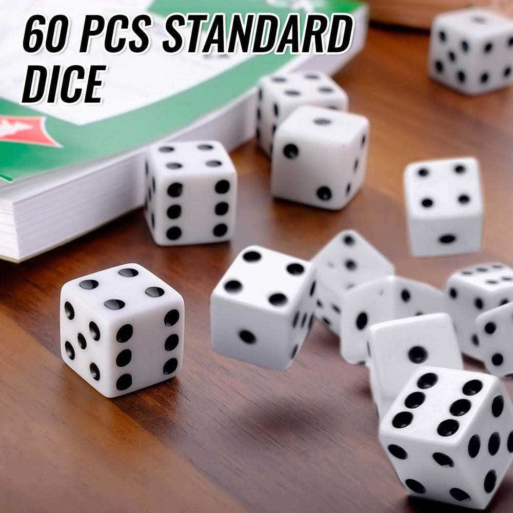 Rerdeim closeup of white dice shows clear black pips for easy reading.