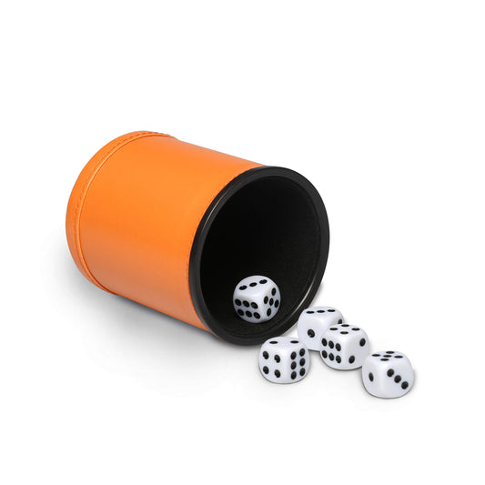 RERIVER felt-lined dice cup with orange leatherette exterior for quiet, family-friendly play.