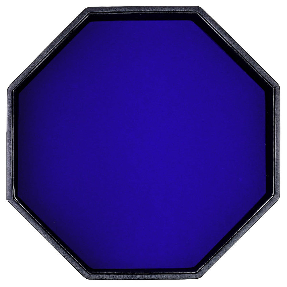 RERIVER dice tray in blue octagon, top view, durable PU leather for steady rolling.