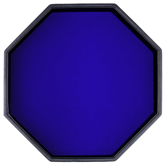RERIVER dice tray in blue octagon, top view, durable PU leather for steady rolling.