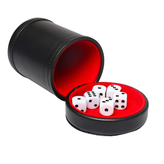 RERIVER leatherette dice cup with red felt interior for quiet shaking during games.