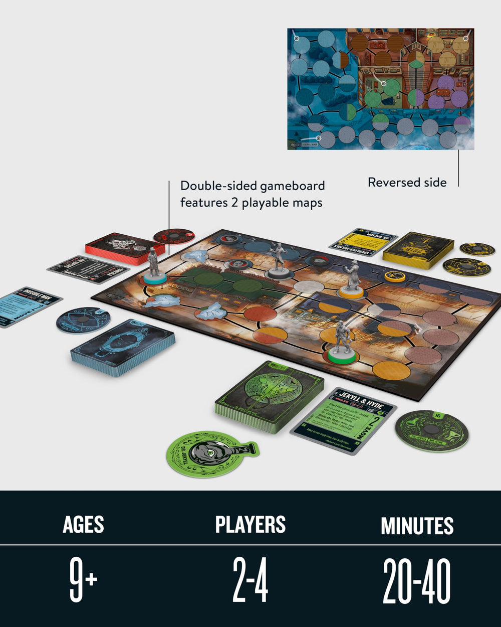 Restoration Games Unmatched Cobble & Fog Jekyll & Hyde transforming forms on a tense map.