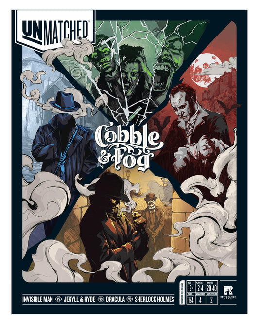 Restoration Games Unmatched Cobble & Fog Sherlock Holmes miniature on dramatic duel map for strategic play.
